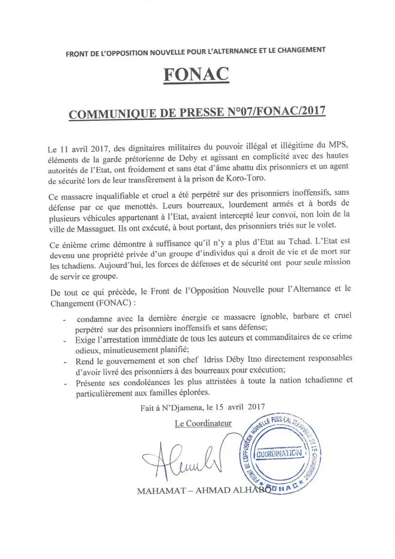 Tchad : Le FONAC "exige l'arrestation de tous les auteurs" de la tuerie du convoi (communiqué)