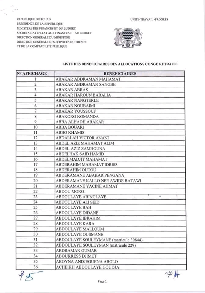 Tchad : liste des 698 bénéficiaires des allocations congé retraite