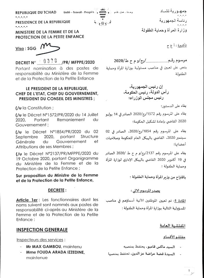 Tchad : 35 nominations au ministère de la Femme (26 nouveaux postes)