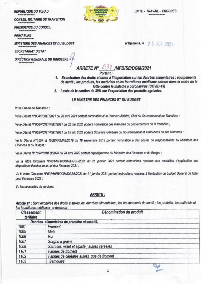 Tchad : liste des produits exonérés des droits et taxes à l'importation