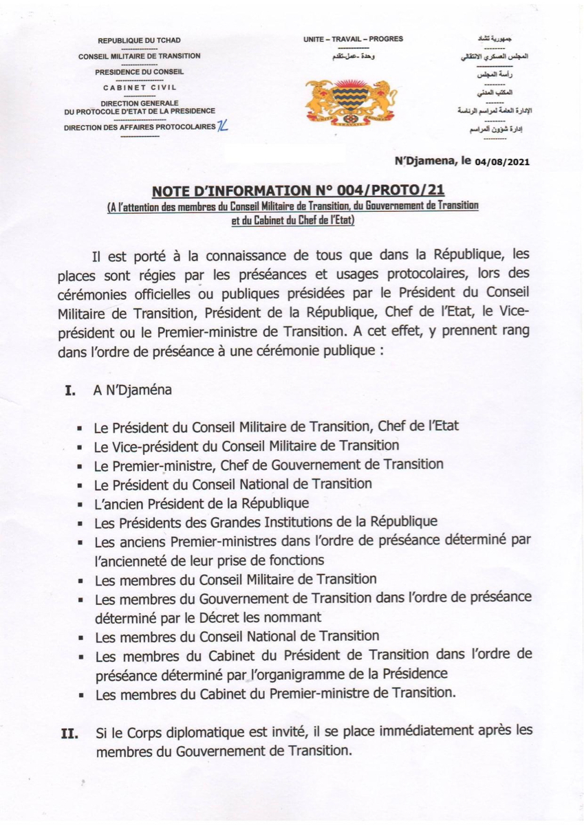 Tchad : le Protocole d'État exige le respect strict de l'ordre protocolaire