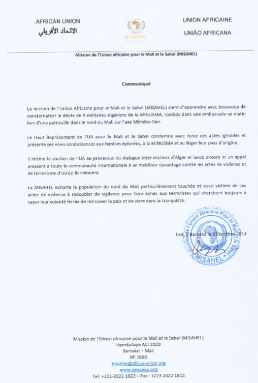 Communiqué de la MISAHEL suite au décès de 9 soldats nigériens de la MINUSMA dans une embuscade au nord du Mali