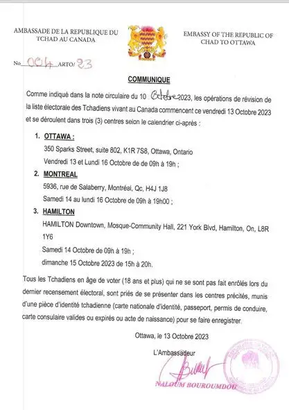 Tchad : Lancement officiel des opérations de révision du fichier électoral des Tchadiens vivants au Canada