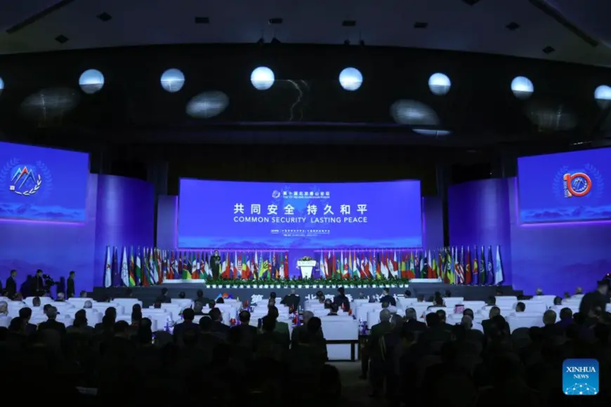 This photo taken on Oct. 30, 2023 shows the opening ceremony of the 10th Beijing Xiangshan Forum in Beijing, capital of China. The opening ceremony of the 10th Beijing Xiangshan Forum was held at the Beijing International Convention Center Monday. (Photo by Song Fangwu/Xinhua)