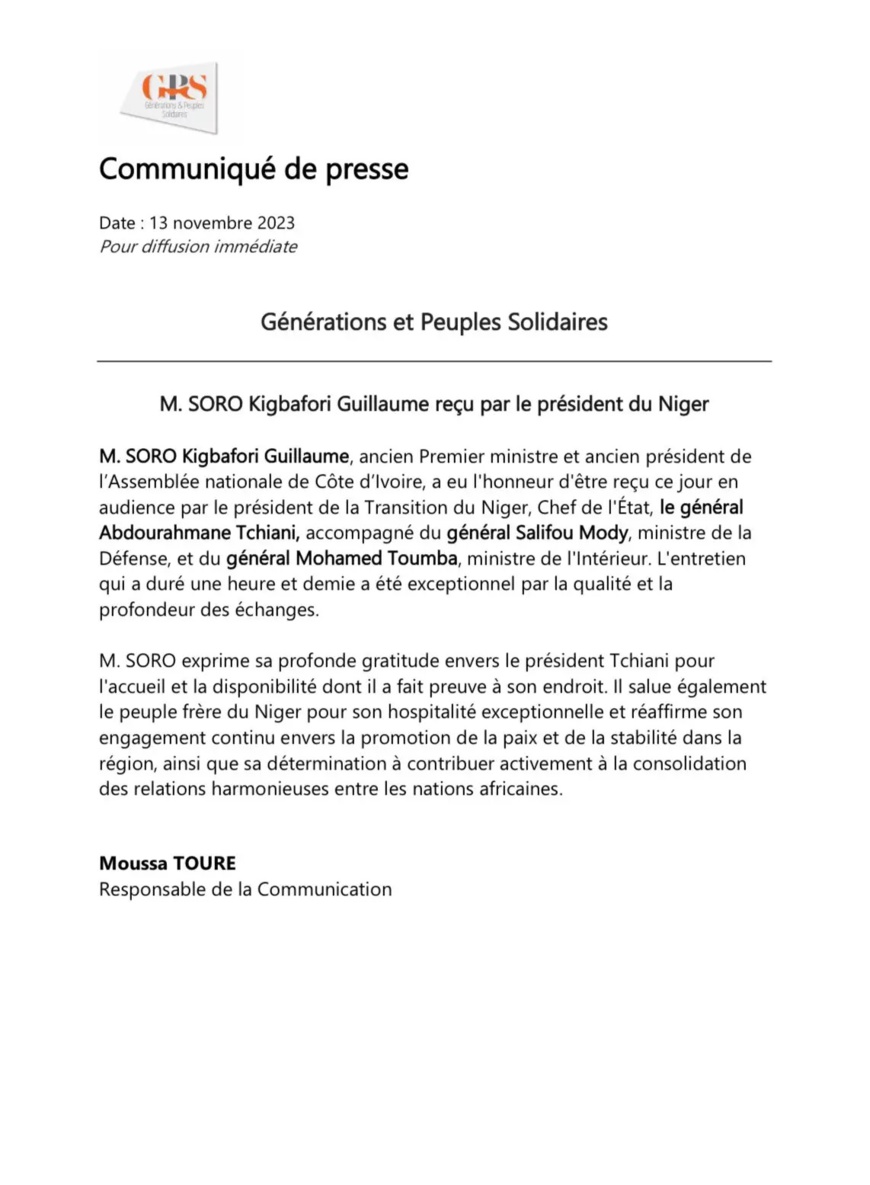 Niger : Reçu à Niamey par la junte, Guillaume Soro salue l’«hospitalité exceptionnelle » du « peuple frère du Niger »