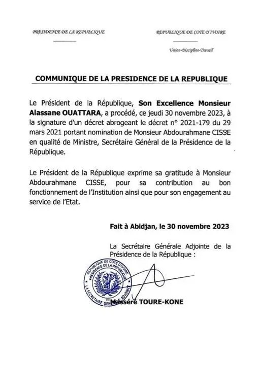 Côte d'Ivoire : Cissé Abdouramane révoqué de ses fonctions de Secrétaire Général de la présidence