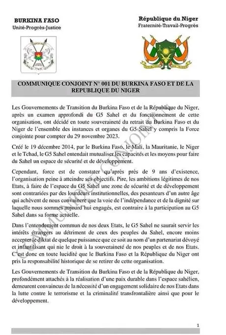 Sahel : le Burkina Faso et le Niger quittent le G5 Sahel