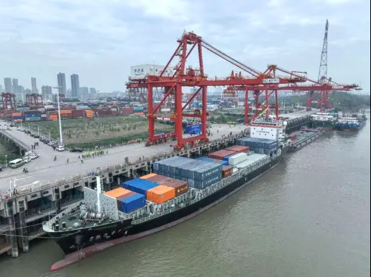 A container shipping route between Yangluo Port in Wuhan, central China's Hubei province and Cat Lai Port in Vietnam commences operations on Nov. 15, 2023. (Photo by Zhao Jun/People's Daily Online)