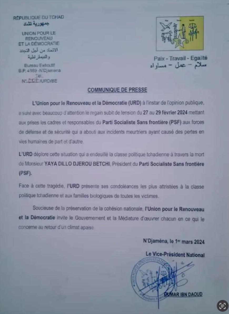 Tchad : l'URD déplore les évènements ayant conduit à la mort de Yaya Dillo