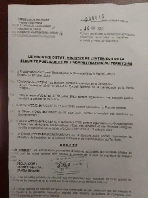 Niger : Fermeture de trois sociétés de sécurité par le ministère de l'Intérieur