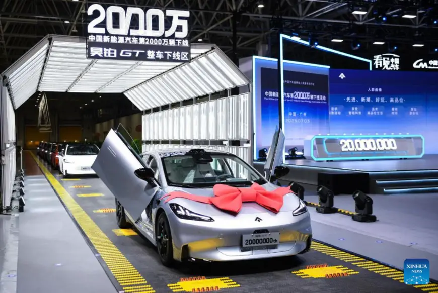 This photo taken on July 3, 2023 shows China's 20 millionth new energy vehicle (NEV) produced by GAC Aion New Energy Automobile Co., Ltd. in Guangzhou, south China's Guangdong Province. China's 20 millionth NEV rolled off the production line on Monday in Guangzhou, creating a remarkable milestone for the country's NEV sector. (Xinhua/Deng Hua)
