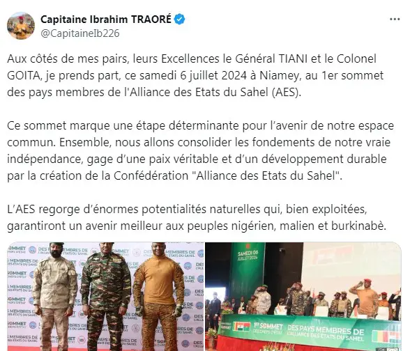 Le Premier sommet de l’AES « marque une étape déterminante » pour l’avenir des trois pays, selon le Président du Burkina Faso, le Capitaine Ibrahim Traoré