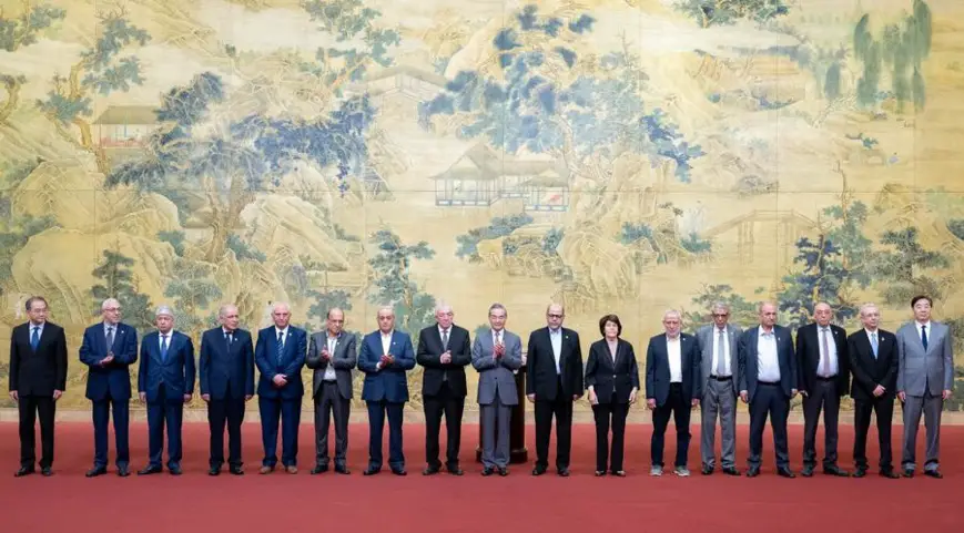 Chinese Foreign Minister Wang Yi, also a member of the Political Bureau of the Communist Party of China Central Committee, attends the closing ceremony of a reconciliation dialogue among Palestinian factions and witnesses the signing of a declaration on ending division and strengthening unity by 14 Palestinian factions, in Beijing, capital of China, July 23, 2024. (Xinhua/Zhai Jianlan)