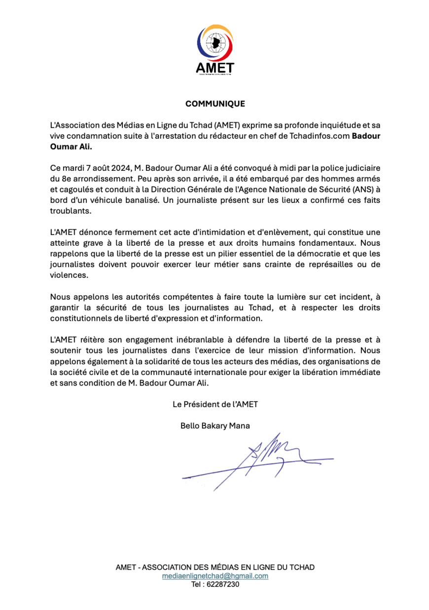 Tchad : l'AMET demande la libération immédiate et sans condition de Badour Oumar Ali