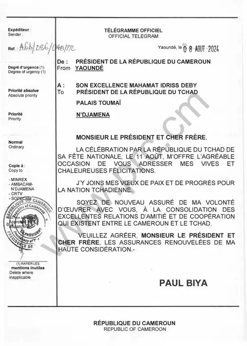 64 ans d'indépendance du Tchad : Le Président Paul Biya envoie un message de félicitations à son « cher frère » Mahamat Idriss Deby Itno