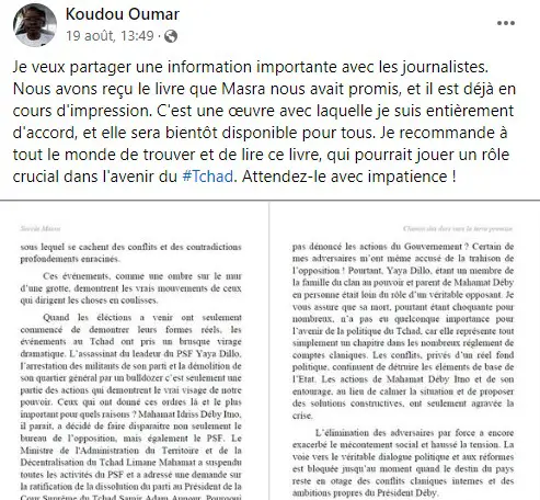 Tchad : Koudou Oumar donne un avant-gout du livre 'Chemin des durs vers la terre promise' de Succès Masra