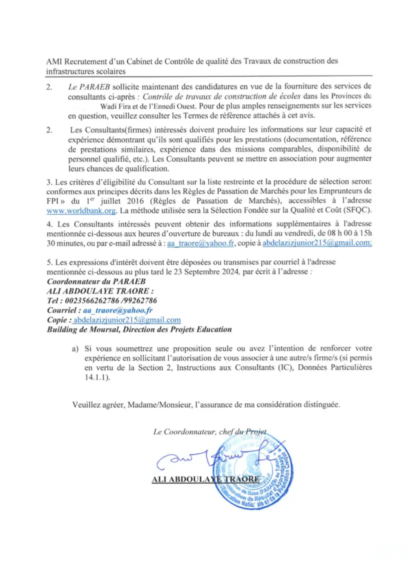 Tchad : Avis à manifestation d’intérêt du Projet PARAEB pour des services de consultance (contrôle de qualité de travaux)