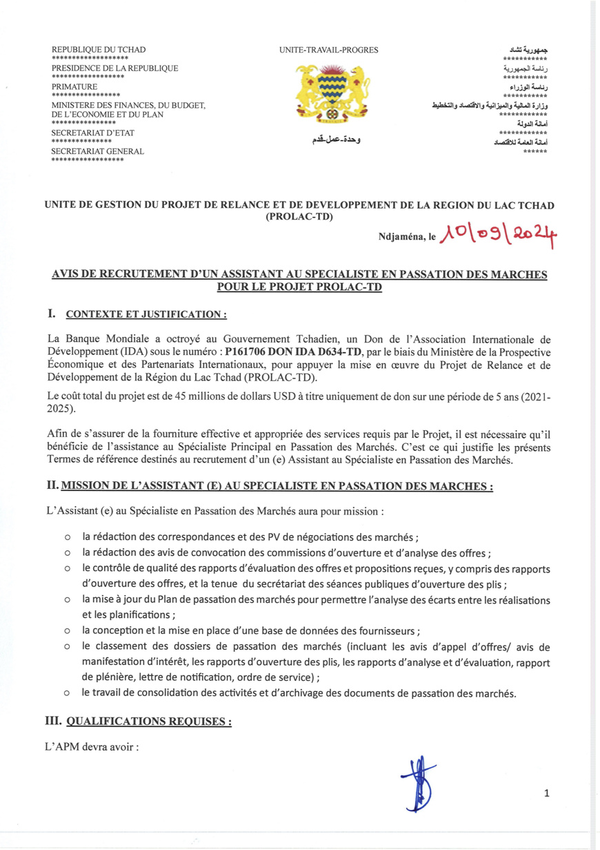 Tchad : Avis de recrutement d'un(e) Assistant(e) au Spécialiste en Passation des Marchés pour le projet PROLAC-TD