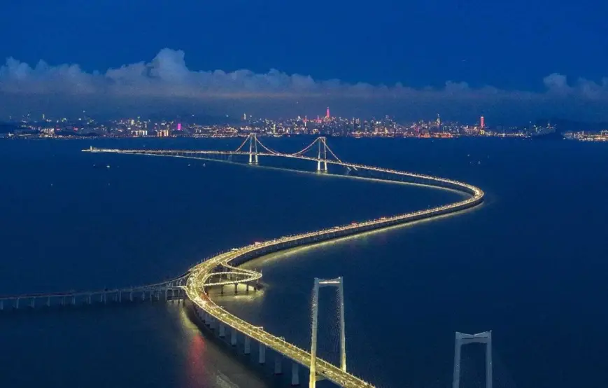 Photo shows a night view of the Shenzhen-Zhongshan Link. (Photo by Wang Meiyan/People's Daily Online)