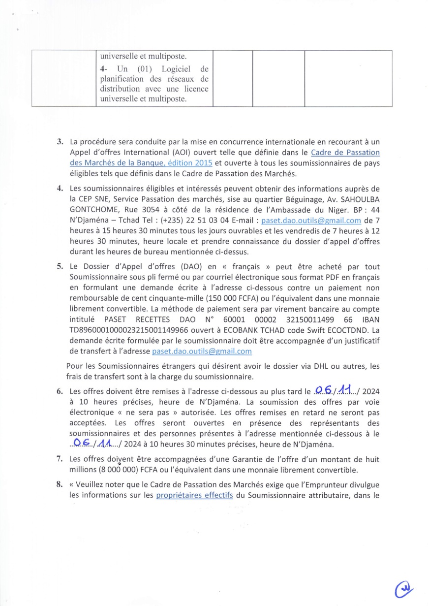 Tchad : Avis d'Appel d'Offres portant sur l'acquisition des outils de planification des réseaux et formations associés (Projet PASET)