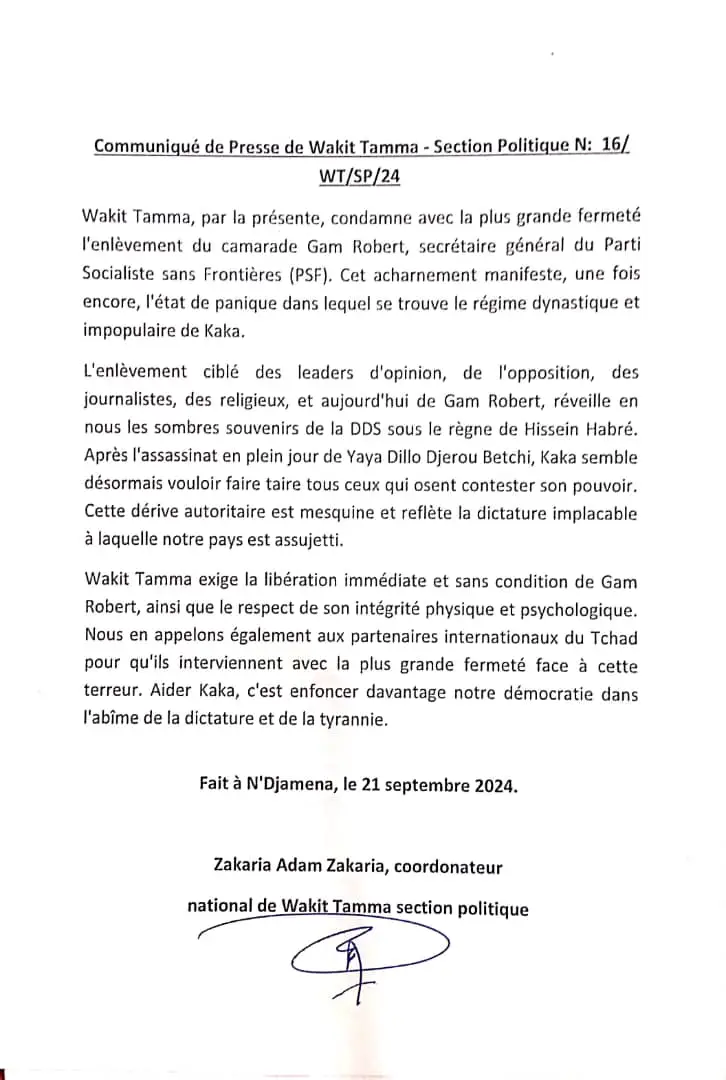 Tchad : Wakit Tamma exige la libération immédiate et sans condition de Gam Robert