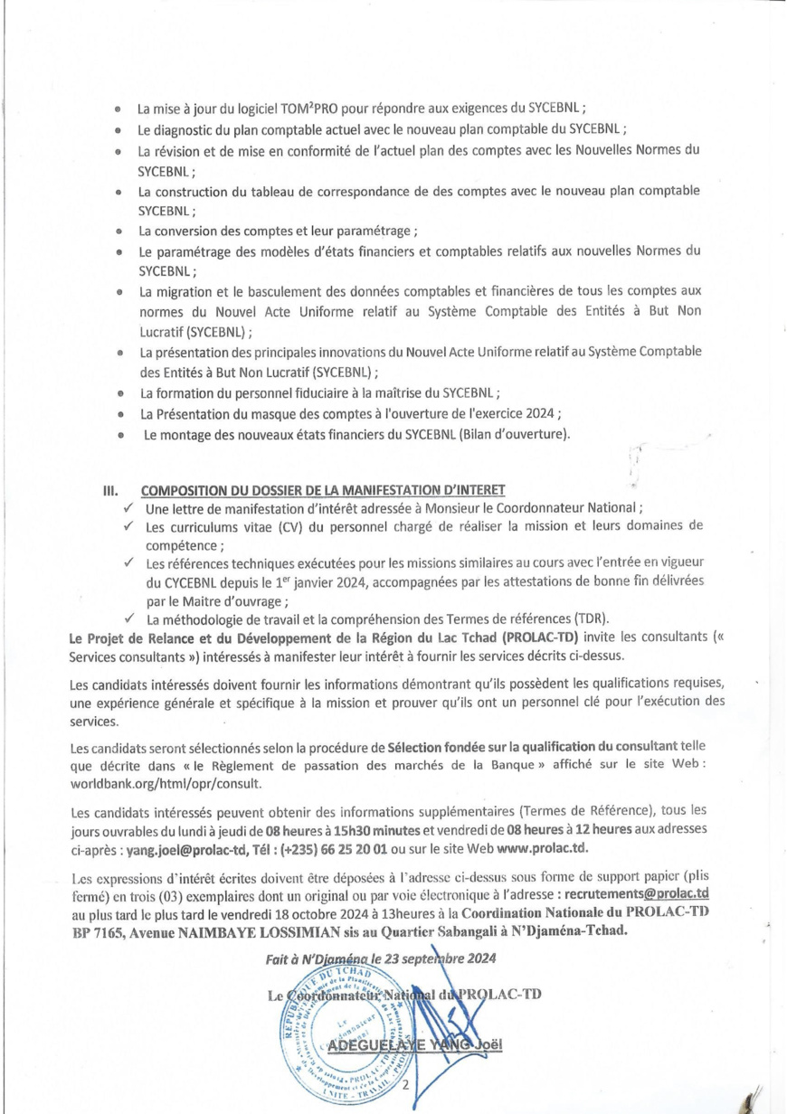 Tchad : Recrutement d'un Consultant (Cabinet) pour la mise à jour du logiciel TOM2PRO (AMI n°237 du Projet PROLAC-TD)