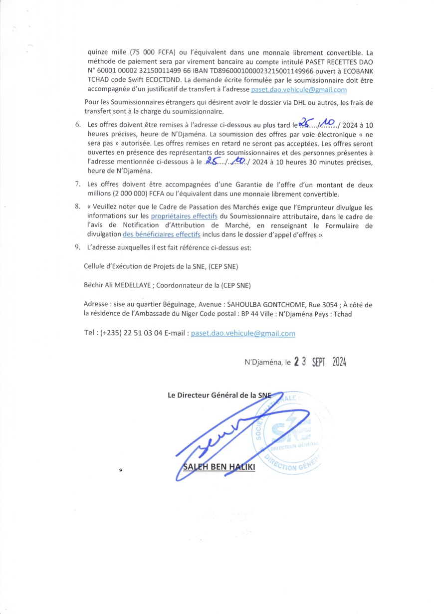 Tchad : AAIO portant sur l'acquisition d'un véhicule 4x4 (Projet PASET)