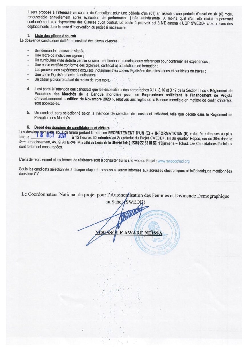 Tchad : Le projet SWEDD+ lance un avis de recrutement de personnel sur une base compétitive