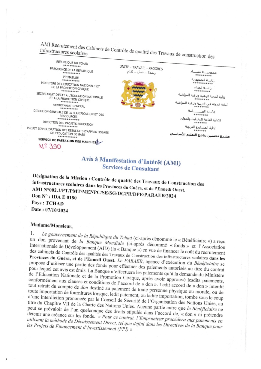 Tchad : Avis à manifestation d'intérêt du PARAEB pour le contrôle de qualité des travaux de construction