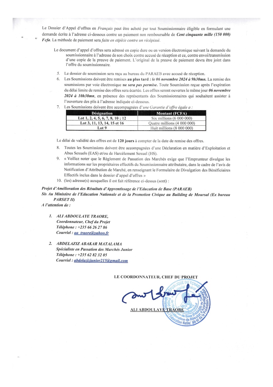 Tchad : Avis spécifique d'appel d'offres du PARAEB pour la construction d'infrastructures scolaires (Guéra et Ennedi Ouest)