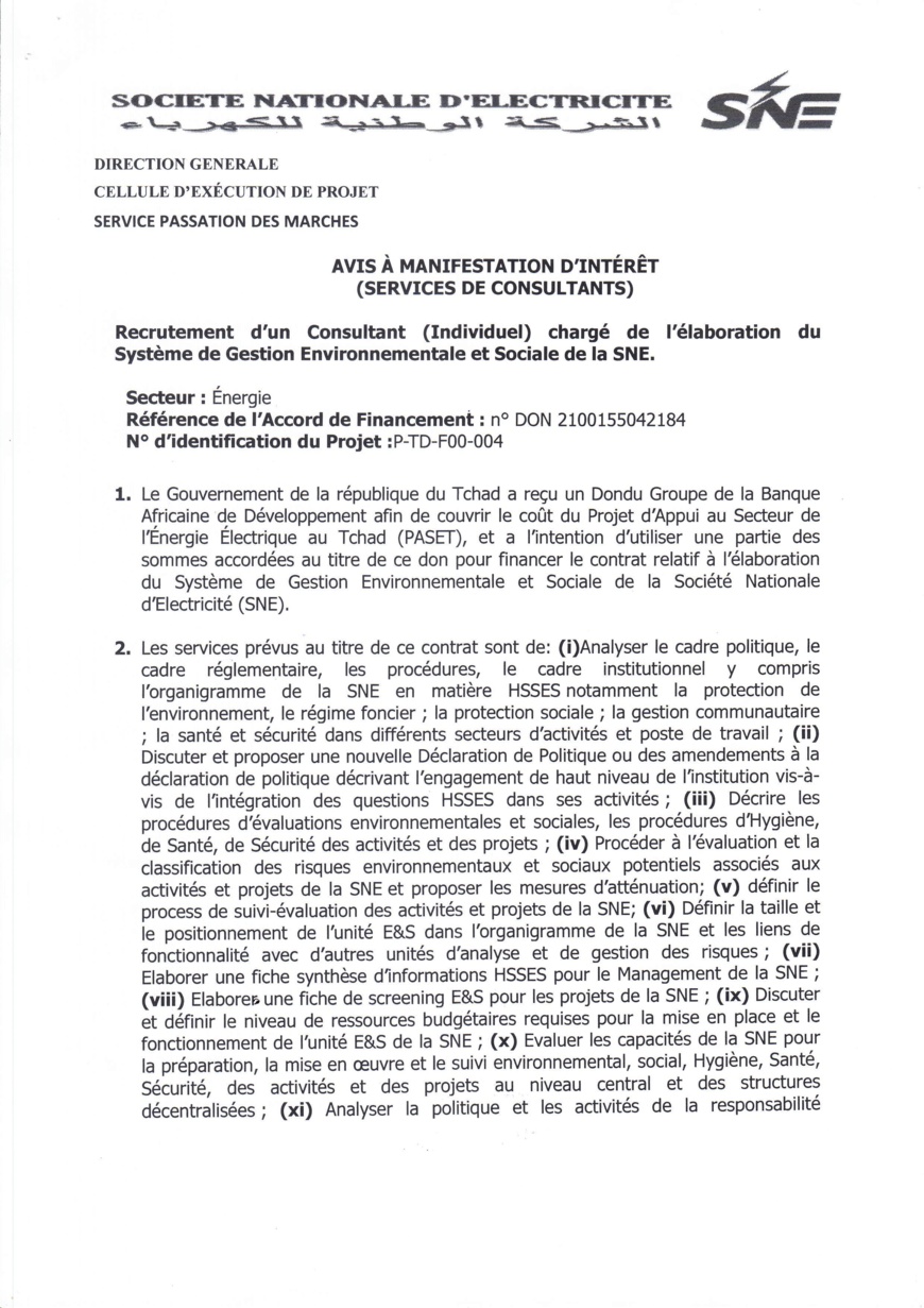 Tchad : Recrutement d'un Consultant chargé de l'élaboration du Système de Gestion Environnementale et Sociale de la SNE