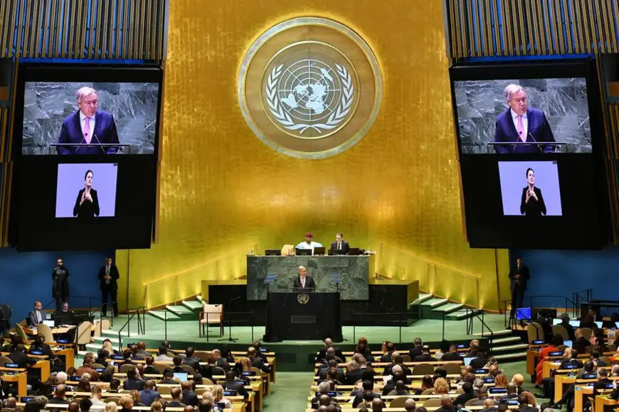 UN Secretary-General Antonio Guterres (at the podium) speaks at the Summit of the Future at the UN headquarters in New York, Sept. 22, 2024. (Xinhua/Li Rui)