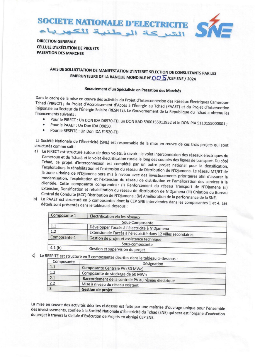 Tchad : Recrutement d'un Spécialiste en Passation des Marchés des Projets PIRECT, PAAET et RESPITE (CEP-SNE)