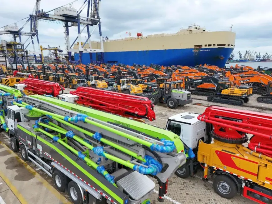 China-produced engineering machinery wait to be loaded and exported at the Yantai port in east China's Shandong province, Oct. 14, 2024. (Photo by Tang Ke/People's Daily Online)