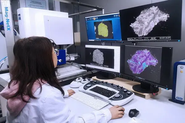 A researcher with the Institute of Geology and Geophysics (IGG) of the Chinese Academy of Sciences (CAS) analyzes a lunar sample collected by the Chang'e-5 mission, October 14, 2022. (Photo from the Institute of Geology and Geophysics of the Chinese Academy of Sciences)