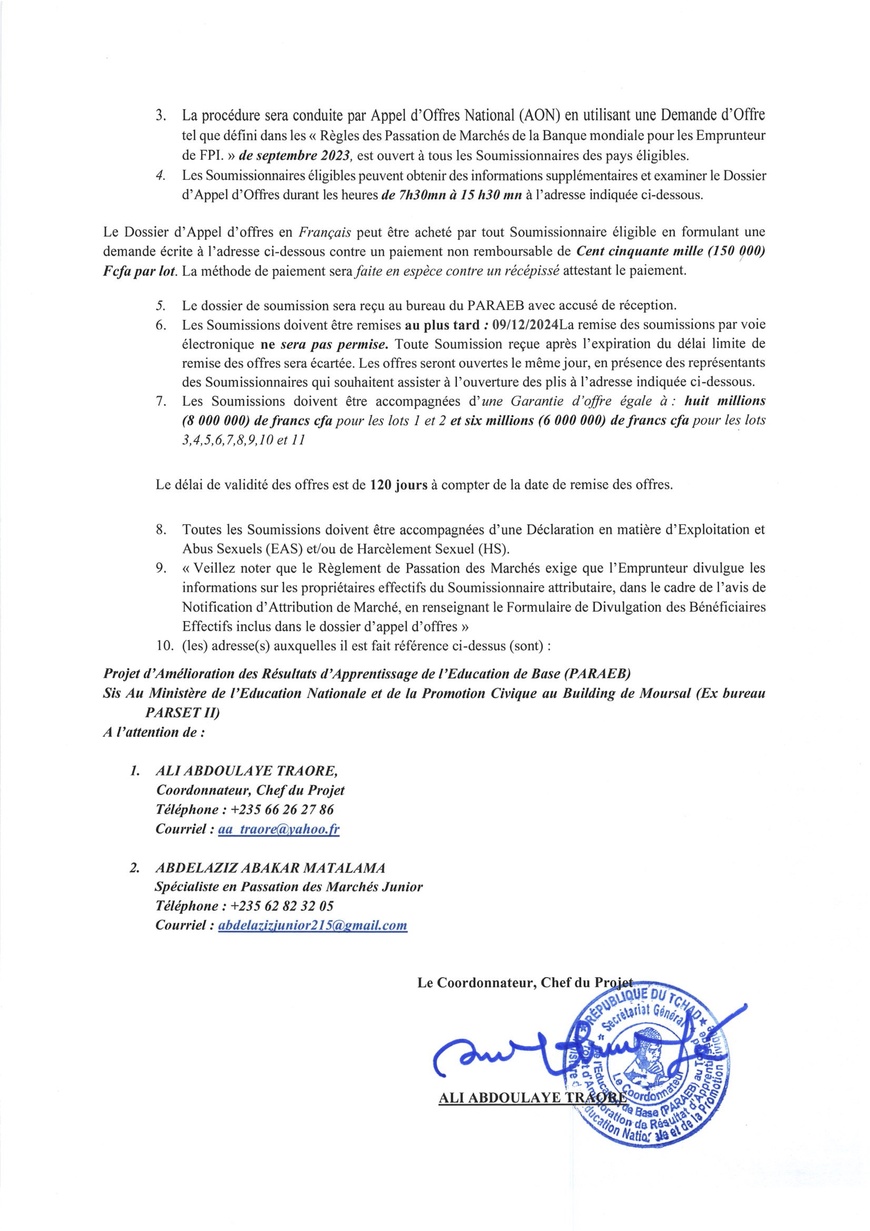 Tchad : Avis spécifique d'appel d'offres pour la construction des Infrastructures Scolaires dans la Province du Kanem (PARAEB)