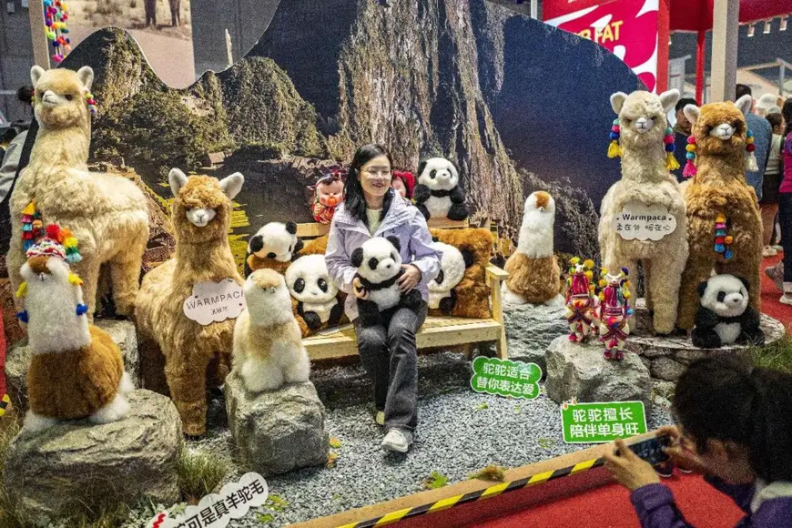 A woman poses for a picture at the exhibition booth of Peruvian brand Warmpaca at the 7th China International Import Expo, Nov. 9, 2024. (Photo by Wang Chu/People's Daily Online)