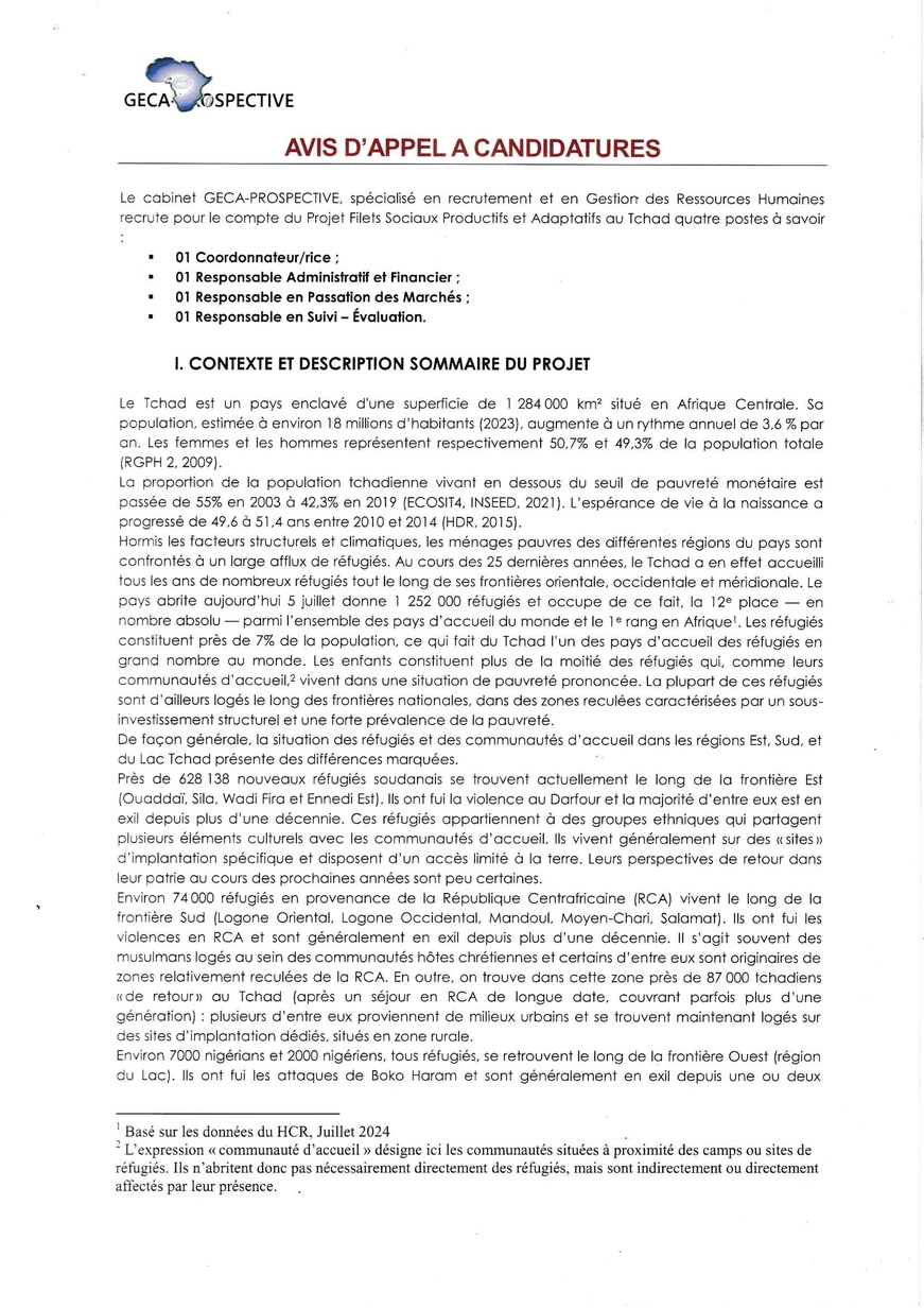 Tchad : Le Cabinet GECA-PROSPECTIVE recrute quatre (04) postes pour le compte du Projet Filets Sociaux Productifs et Adaptatifs au Tchad