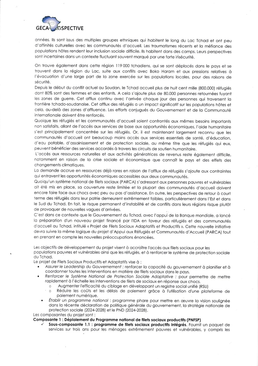 Tchad : Le Cabinet GECA-PROSPECTIVE recrute quatre (04) postes pour le compte du Projet Filets Sociaux Productifs et Adaptatifs au Tchad