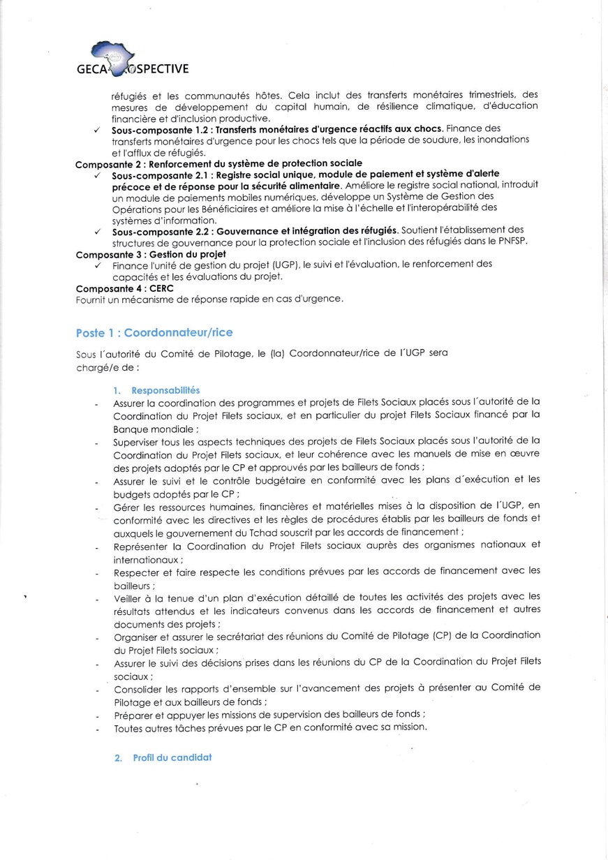 Tchad : Le Cabinet GECA-PROSPECTIVE recrute quatre (04) postes pour le compte du Projet Filets Sociaux Productifs et Adaptatifs au Tchad