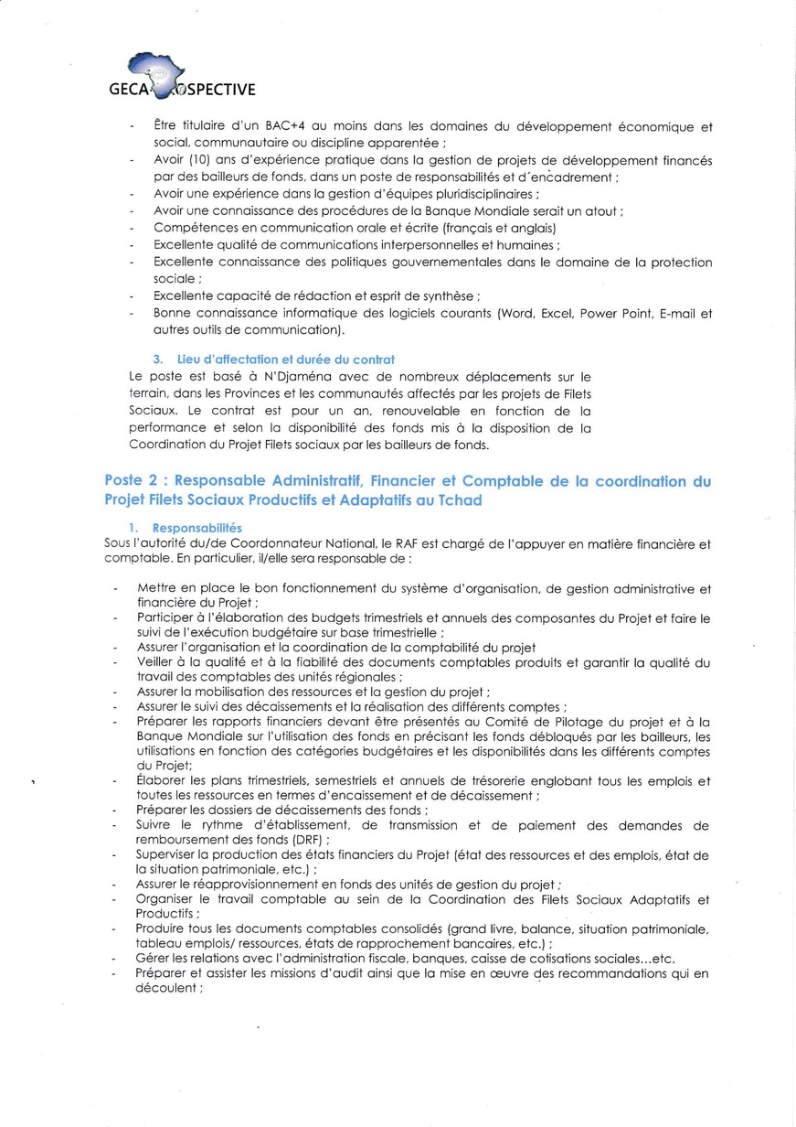 Tchad : Le Cabinet GECA-PROSPECTIVE recrute quatre (04) postes pour le compte du Projet Filets Sociaux Productifs et Adaptatifs au Tchad