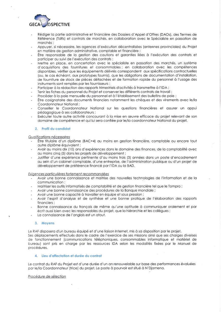 Tchad : Le Cabinet GECA-PROSPECTIVE recrute quatre (04) postes pour le compte du Projet Filets Sociaux Productifs et Adaptatifs au Tchad