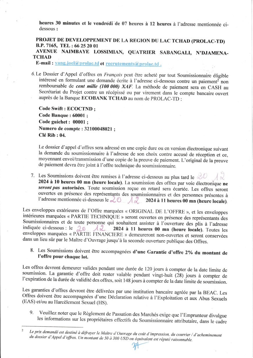 Tchad : Avis spécifique d'appel d'offres pour la construction d'un marché interprovincial à Ngouri (Projet PROLAC-TD)