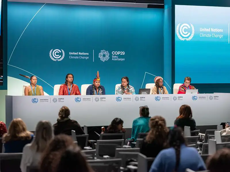 Groupes autochtones représentés par un panel lors de l'une des discussions de la COP29. Photo : cop29.az