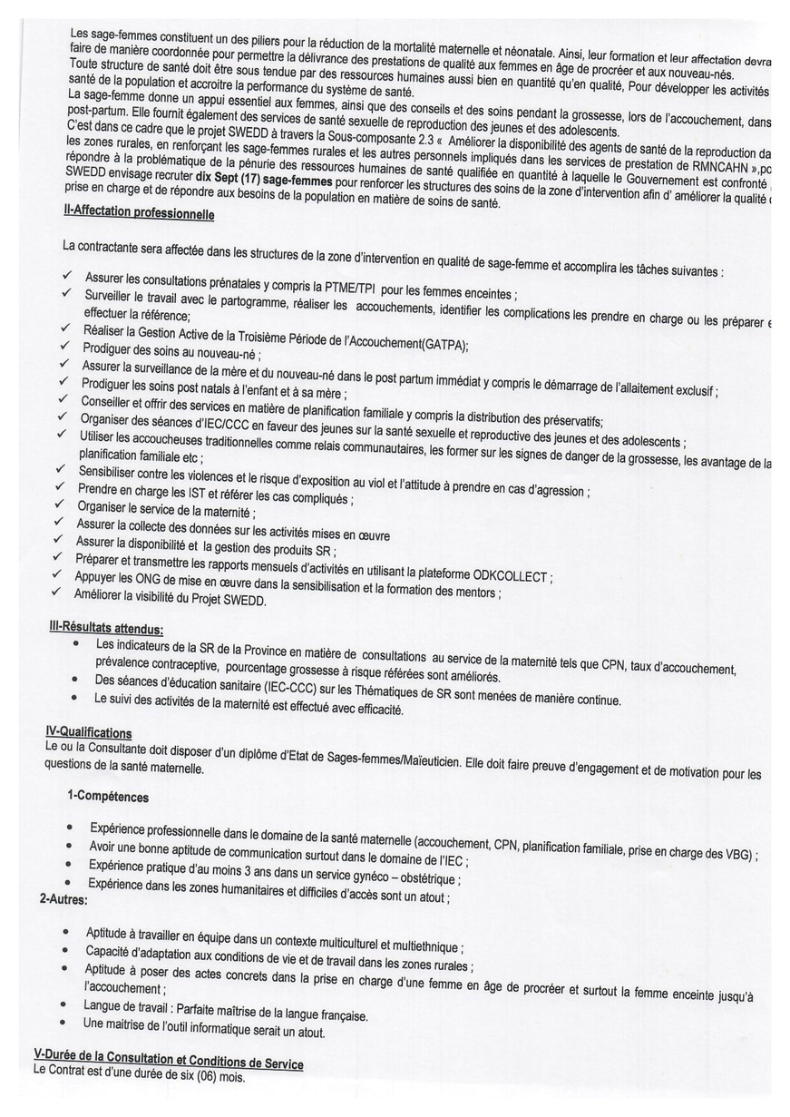 Tchad : Avis de recrutement de personnel du projet SWEDD+ (17 Sage-Femmes)