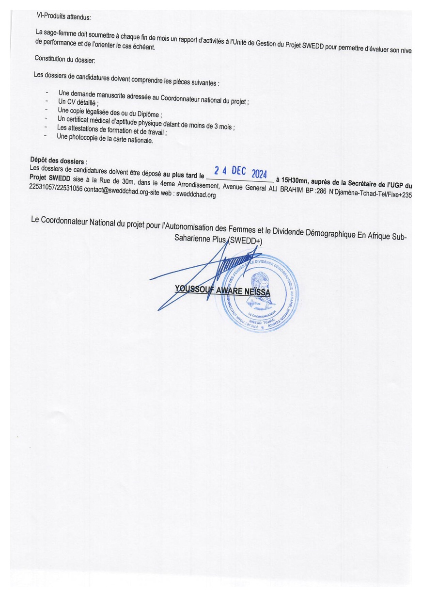 Tchad : Avis de recrutement de personnel du projet SWEDD+ (17 Sage-Femmes)