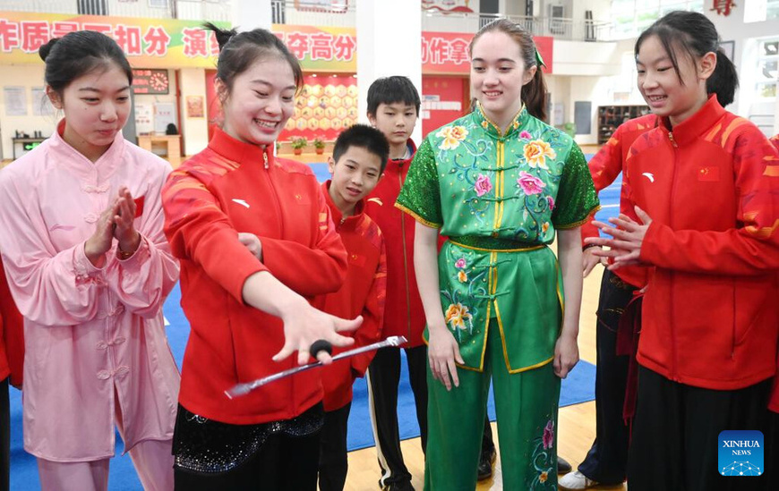 American and Chinese young people exchange martial arts skills in Fuzhou, southeast China's Fujian Province, Dec. 28, 2024. Young people from China and U.S. attended a martial arts cultural exchange event here on Saturday. (Xinhua/Lin Shanchuan)