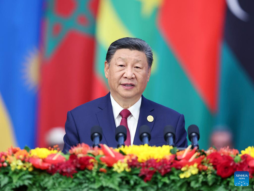 Chinese President Xi Jinping delivers a keynote speech titled "Joining Hands to Advance Modernization and Build a Community with a Shared Future" while attending the opening ceremony of the 2024 Summit of the Forum on China-Africa Cooperation (FOCAC) at the Great Hall of the People in Beijing, capital of China, Sept. 5, 2024. (Xinhua/Yao Dawei)