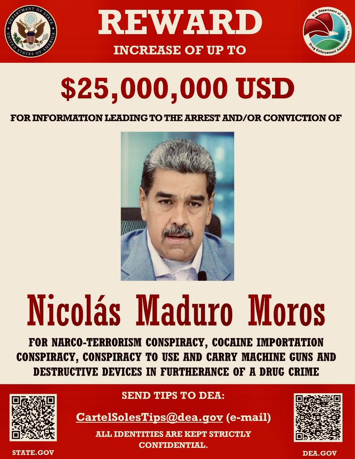 USA : Une récompense de 25 millions de dollars pour des informations sur Nicolas Maduro