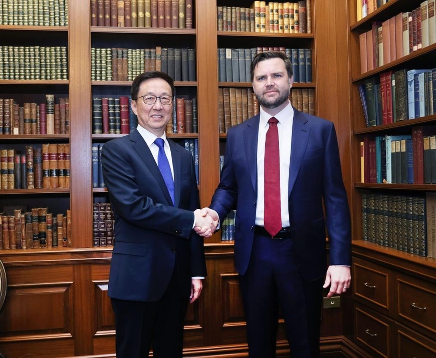 Chinese Vice President Han Zheng, as Chinese President Xi Jinping's special representative, meets with U.S. Vice President-elect J.D. Vance in Washington, D.C., the United States, Jan. 19, 2025. (Xinhua/Liu Weibing)